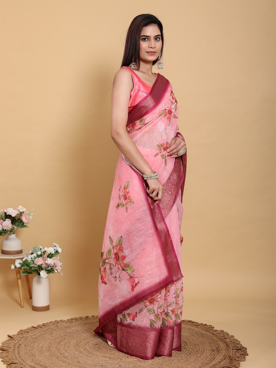 Elegant Rose Pink Floral Linen Cotton Saree | Rich Magenta Jacquard Border